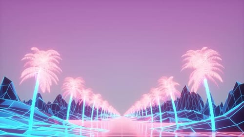 Camera Moves Along the Synthwave Wireframe Net