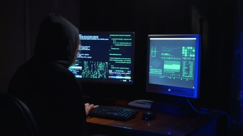 Hacker Working on Computer in Dark Room