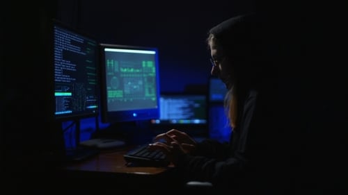 Woman Coding in Dark Room on Three Screens