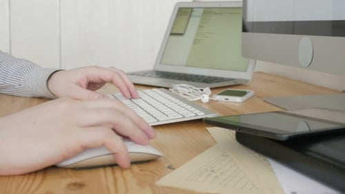Freelancer Typing On Keyboard in Modern Office, Close Up