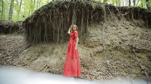 Woman In Forest In Cloud Of Smoke