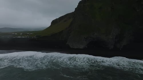 Iceland Black Sand Beach with Huge Waves at Reynisfjara Vik