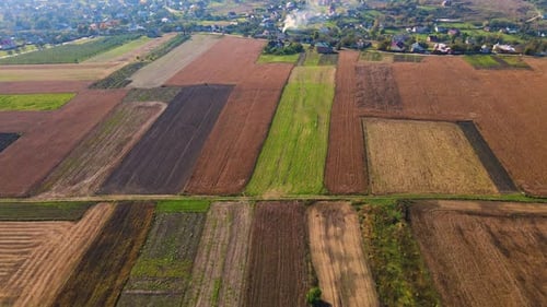 Ukrainische Felder erstrecken sich auf den Hügeln in der Nähe der Siedlungen Luftaufnahme