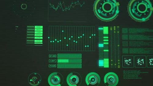 Animated Futuristic HUD Data Display with Graphs and Progress Bars