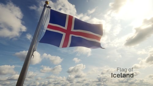 Iceland Flag Waving in Sunny Blue Sky with Clouds
