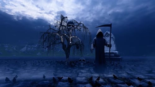 Skulls and the Grim Reaper in the Night Cemetery