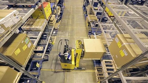 Aerial View of Forklift Moving Boxes in Warehouse