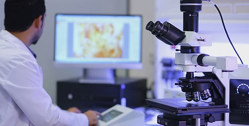 Trabalho de laboratório de microbiologia com microscópio
