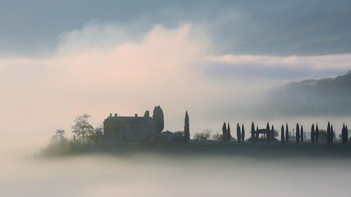 Fog Shrouded Estate, Rural Island at Sunrise