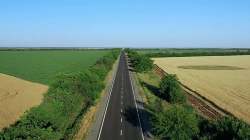 Flying High Over the Asphalt Road Among the Fields