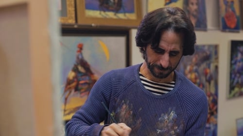 Dedicated Artist Painting in Studio Surrounded by Art