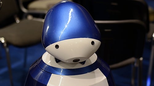 White and Blue Robot Head Rotation Indoors