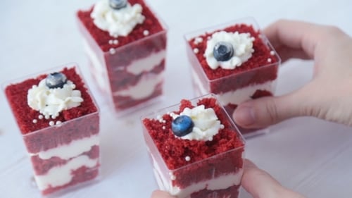 Red Velvet Desserts with Icing and Blueberry