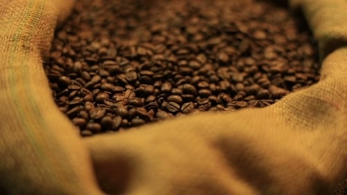 Close up of Coffee Beans in Burlap Sack