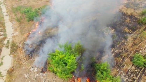 Aerial View of Wildfire Burning Across Field
