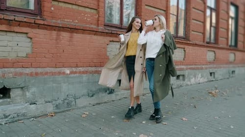 Happy Pretty Girls Are Walking Around the City Together. Teen Friends Are Talking and Laughing