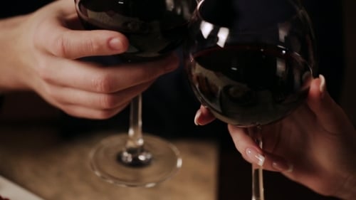 Couple heureux dans un restaurant gastronomique, ils boivent du vin et des verres tintant