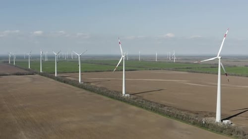 Aerial View of Powerful Wind Turbine Farm for Energy Production