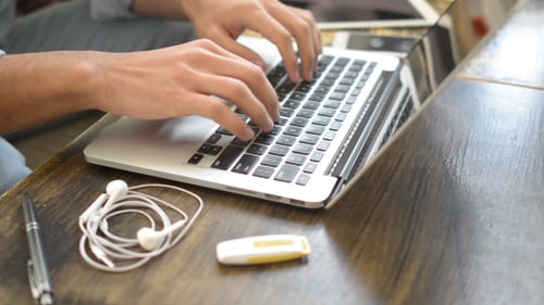 Hands Typing on Laptop for Work in Office, Casual Man