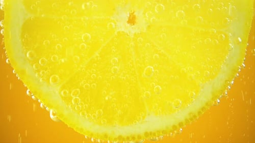 Yellow Lemon Slice in Sparkling Soda Water