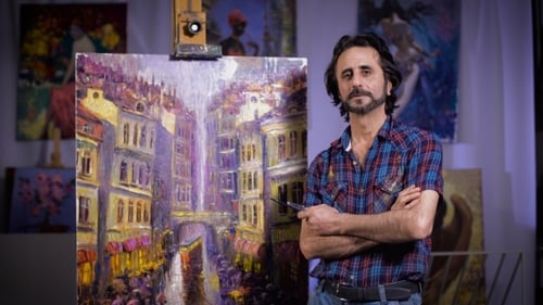 Professional Artist Stands Next To His New Picture