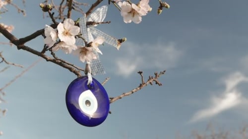 Turkish Evil Eye Amulet Hanging from Flowering Tree