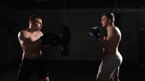 Two Boxing Men Exercising Together At The Health Club