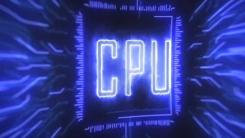Glowing Neon CPU Text on Digital Circuit Board Animation