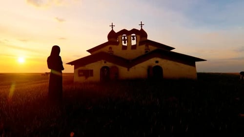 Monja de pie frente a la Iglesia Vieja y vista del atardecer