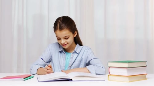 Happy School Girl With Books And Notepad At Home