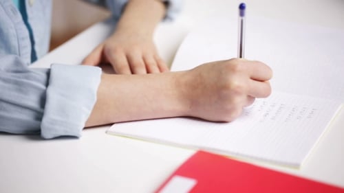 School Girl Hand Writing Math Task To Notepad