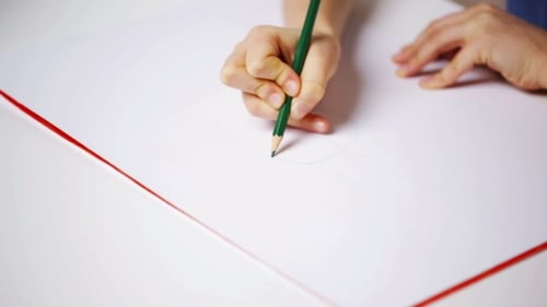Girl Hands With Colour Pencil Drawing Cat On Paper