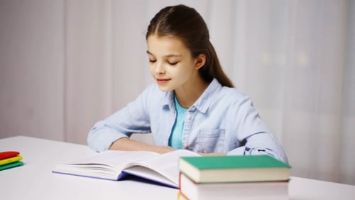 Happy School Girl Reading Book Or Textbook At Home