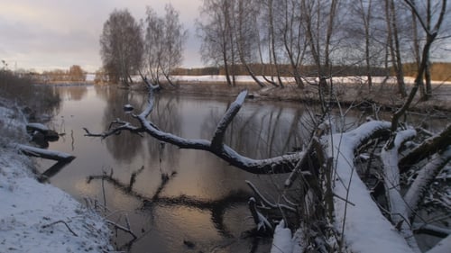 Winter River Scene in Snow Covered Landscape