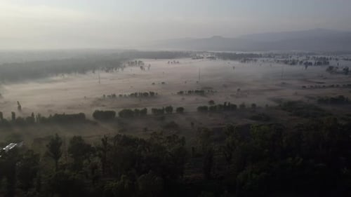 Aerial shot Mexico city Cuemanco, sunrise and fog
