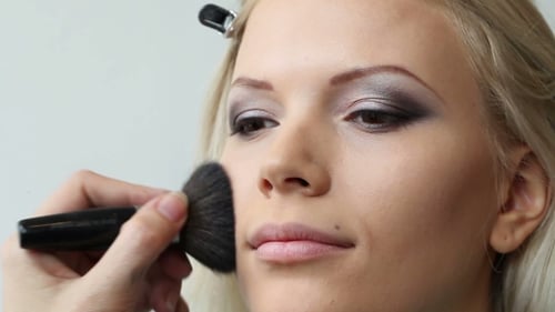 Model Having Makeup Applied with Brush, Close Up
