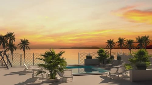 Großer Bereich mit Pool und vor dem Hotel mit Blick auf die Palmen und das Meer.