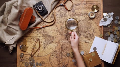 Old Brass Compass On Wood Table Top View