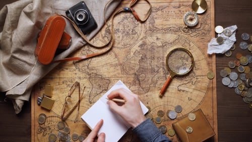 Travel Planning over Map with Vintage Camera and Compass