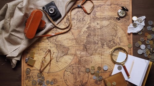 Old Brass Compass On Wood Table Top View