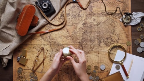 Old Brass Compass On Wood Table Top View