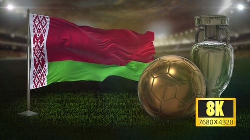 Belarus Flag Waving with Gold Soccer Ball and Silver Trophy