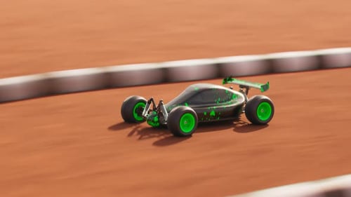 RC Car race on the sandy track. Loopable animation of a miniature model of buggy