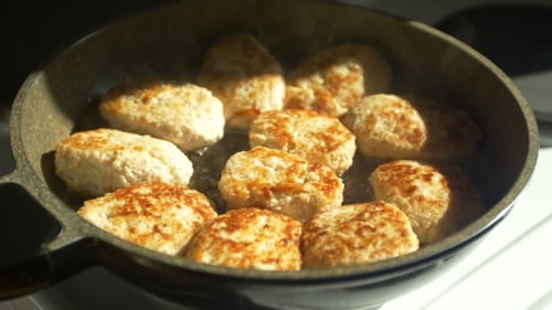 Fried Pork Meatballs Or Cutlets In Frying Pan.