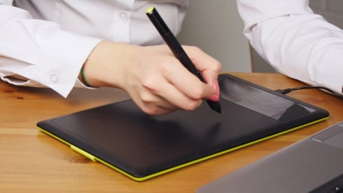 Woman Using Stylus and Graphics Tablet at Desk
