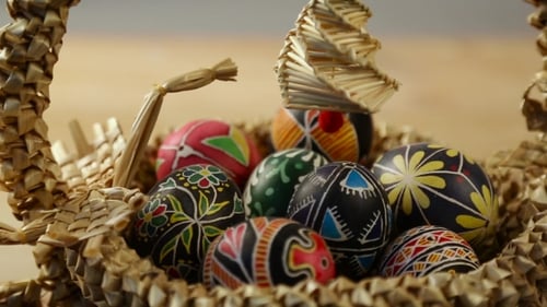 Decorated Easter Eggs in a Basket Close Up