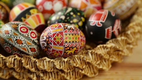 Decorated Easter Eggs in Woven Basket Close Up