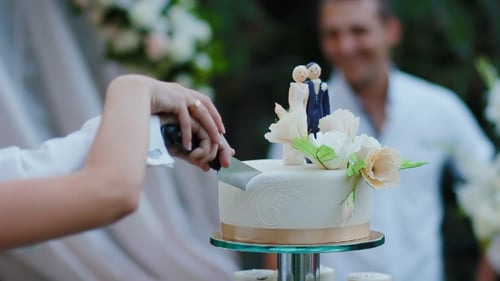 Couple Cutting Wedding Cake at Outdoor Reception