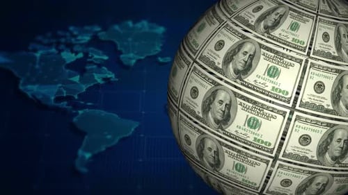 Global Finance Money Globe Spinning on World Map Background