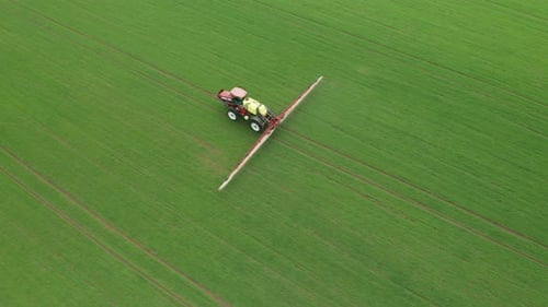 Aerial View of Farming Tractor Plowing and Spraying Green Wheat Field